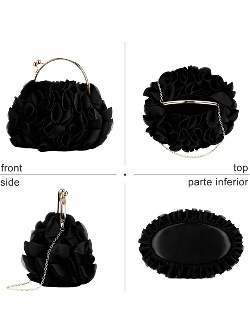Women's Black Floral Satin Clutch Purse Chain Wedding Party Prom Evening Bag - Picture 6 of 7